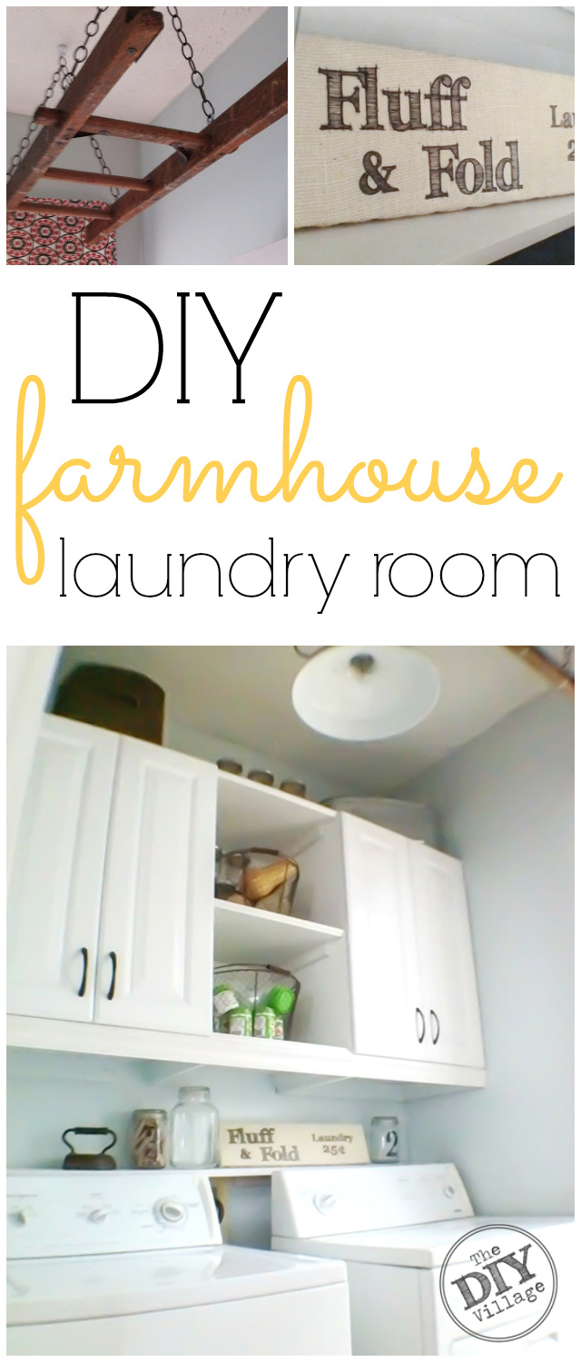 DIY Laundry Room makeover to updated farmhouse style. I love these cabinets and the shelf between them. Gives functional and attractive spaces.