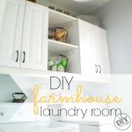 DIY Laundry Room makeover to updated farmhouse style. I love these cabinets and the shelf between them. Gives functional and attractive spaces.