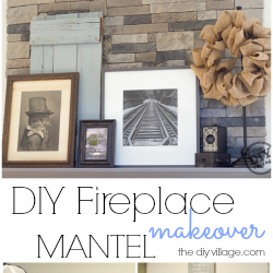 DIY stack stone fireplace makeover with Dover Gray Mantel. Great mix of rustic modern decor. Love the antique cameras and photographs