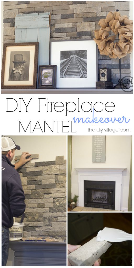 DIY stack stone fireplace makeover with Dover Gray Mantel. Great mix of rustic modern decor. Love the antique cameras and photographs