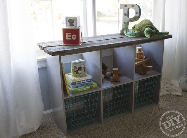 Laminate storage cube makeover with Reclaimed barnwood perfect for a rustic nursery or kids room!