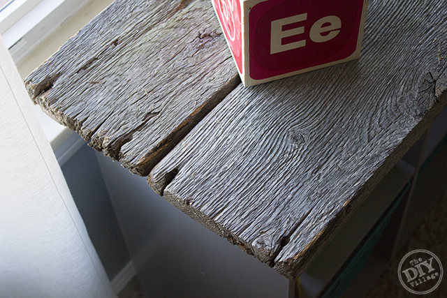 Laminate storage cube makeover with Reclaimed barnwood perfect for a rustic nursery or kids room!