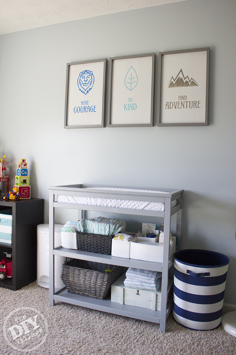 Modern Rustic baby nursery with bright pops of color and custom wall art