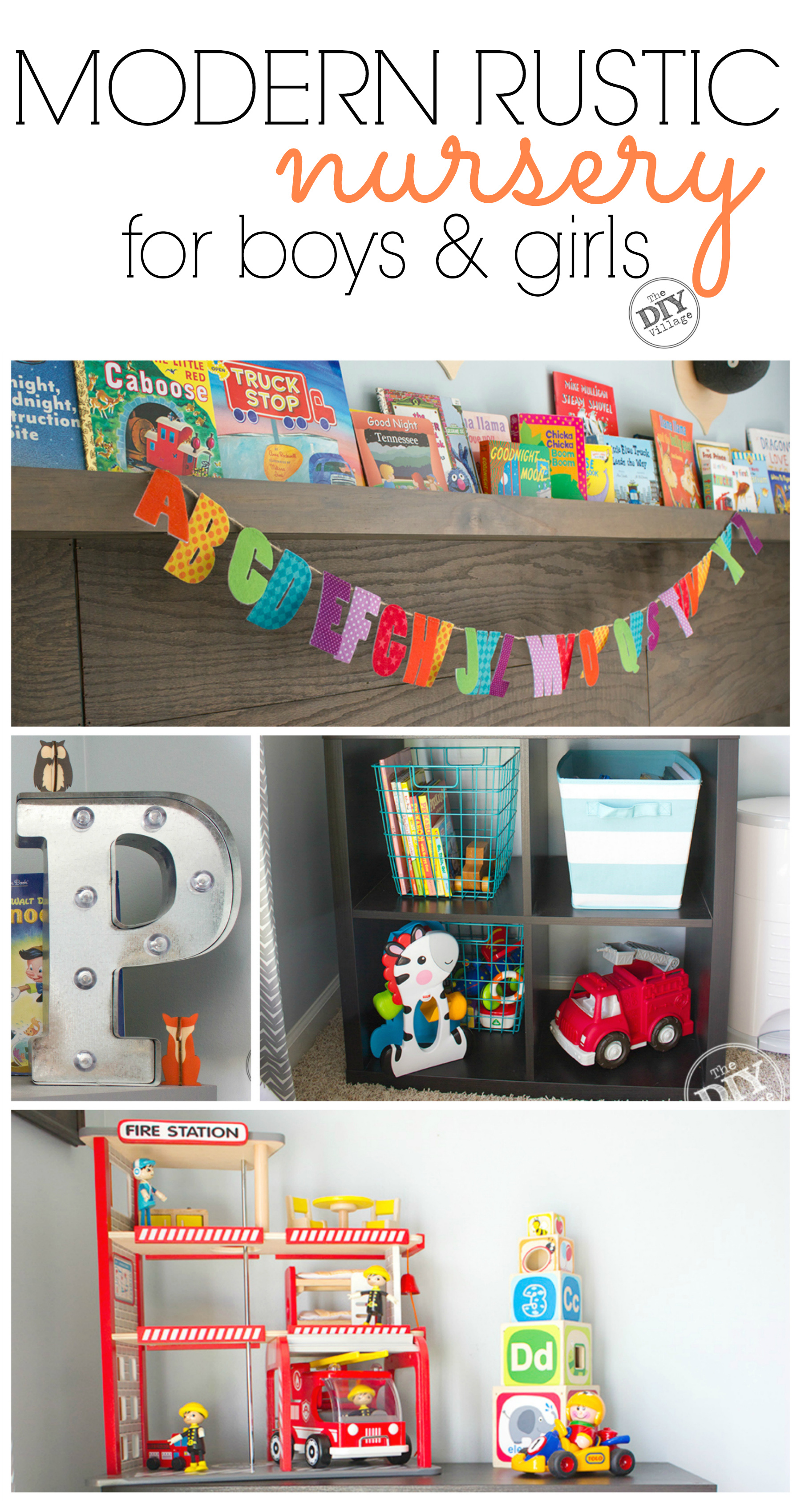 Modern Rustic baby nursery with bright pops of color and custom book ledge