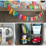 Modern Rustic baby nursery with bright pops of color and custom book ledge