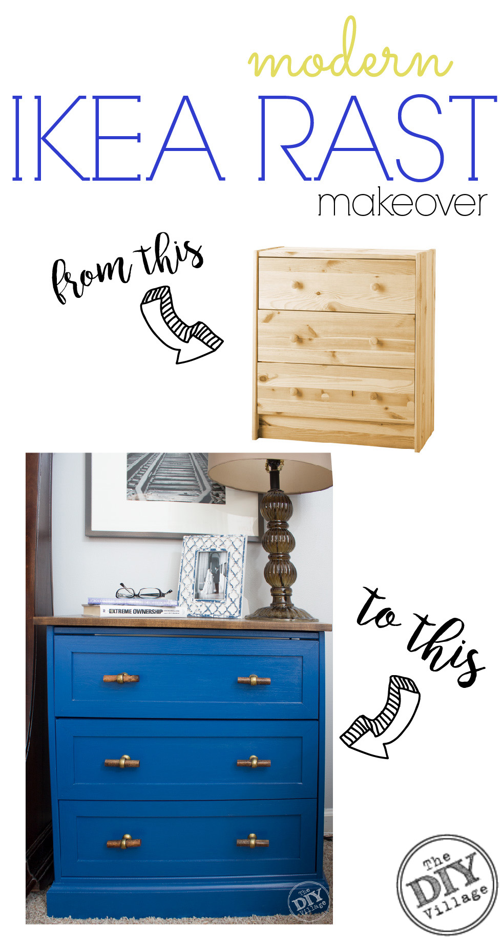 IKEA RAST Makeover blue dresser with hardwood top, glass lamp, and text