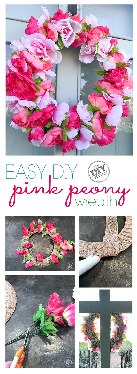Easy DIY, pink peony wreath for under $15 #dollarstore #crafts #wreath #peony #DIY #spring #pink #frontdoors #howto