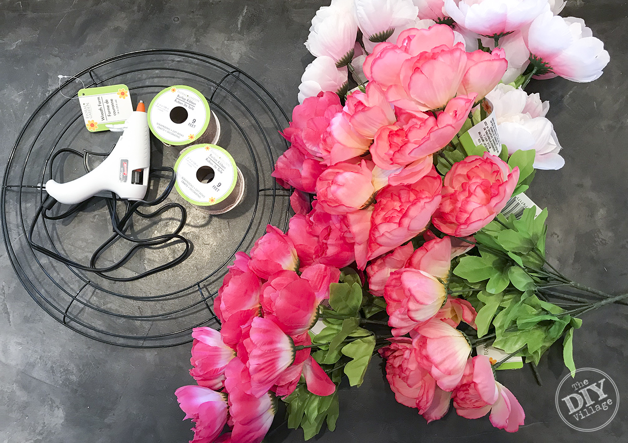 Easy pink peony wreath for under $15 #dollarstore #crafts #wreath #peony #DIY #spring #pink #frontdoors #howto