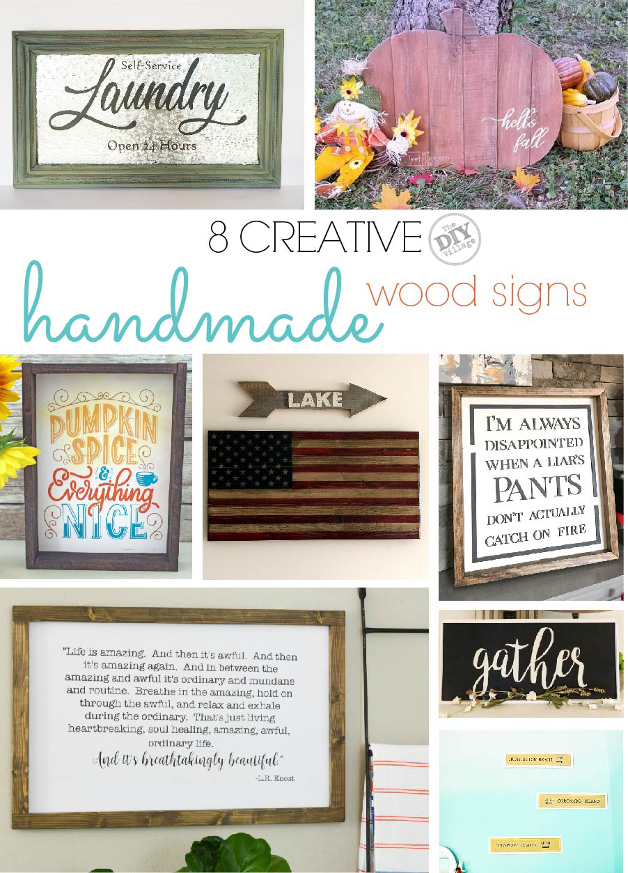 8 creative ideas and tutorials for handmade wood signs. #homedecor #powertoolchallenge #woodworking #diysign #lasercut #fall #patriotic #beach