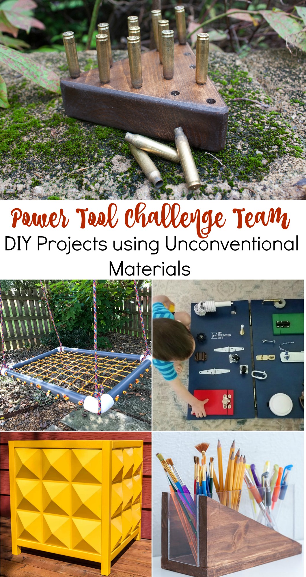 Awesome DIY Creative Projects using Unconventional materials. #diy #powertoolchallenge #platformswing #busyboard #outdoorplanter #deskstorage #diyprojects #homedecor