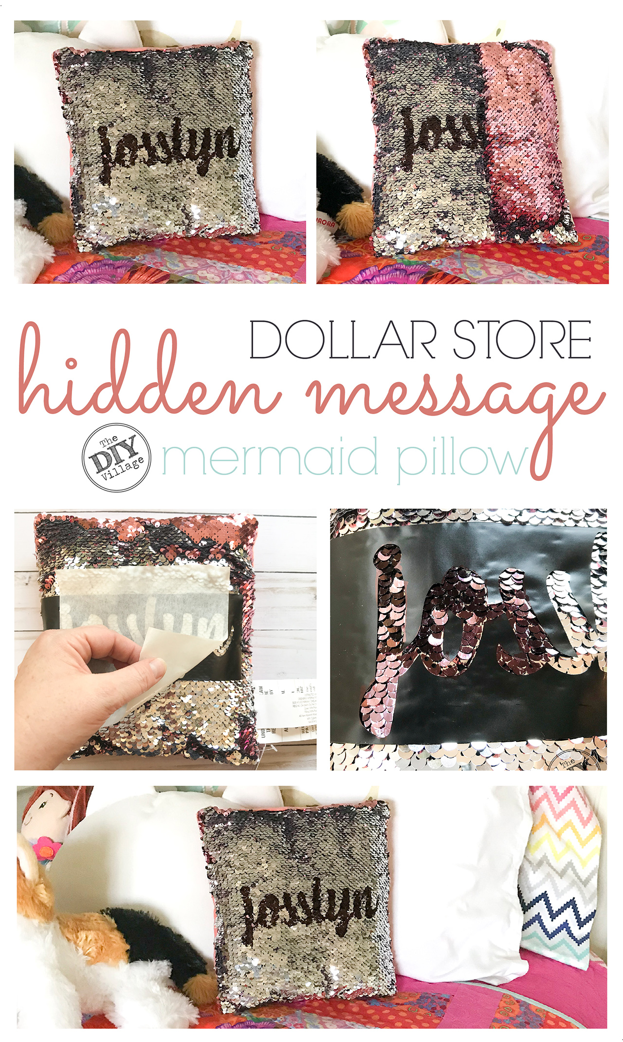 Easy Dollar Store Project - DIY Hidden Message sequin Pillow. They can be personalized with names, messages, anything! Such a fun idea. #hiddenmessagepillow #diycraft #sequinpillow #personalizedgift #monogrmamedgift #bling #sparkle #dollarstorecraft #dollarstorechallenge #fastcraft