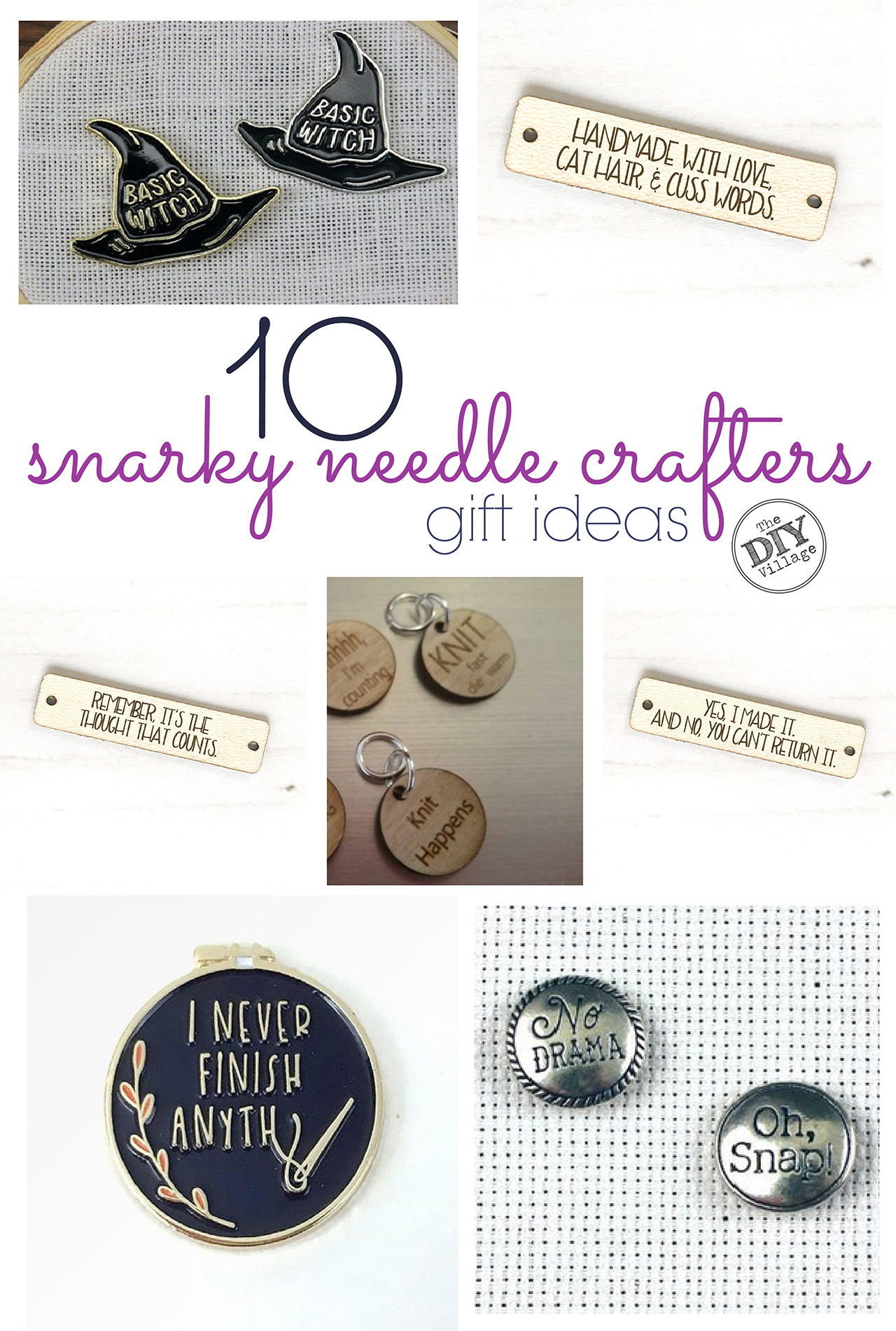 10 hilarious gift ideas for the snarky needle crafters in your life.  I love all of these!  So affordable!  #snarkycrafter #needleminder #crochettag #knittag #giftideas #craftergiftideas #funnygifts