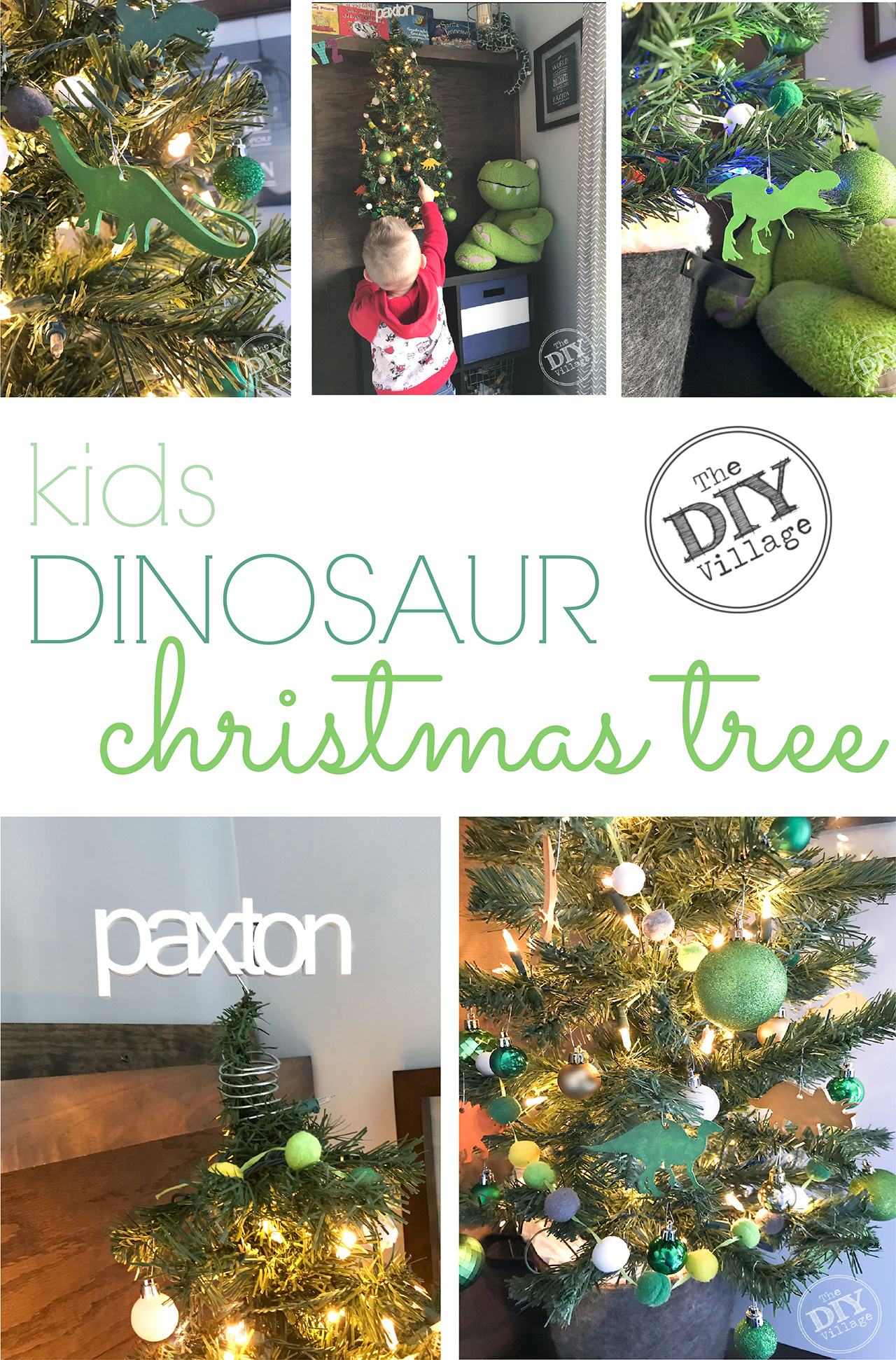 Adorable kids dinosaur Christmas tree. So cute for a little ones room! #christmastree #kidstree #nametreetopper #dinosaur